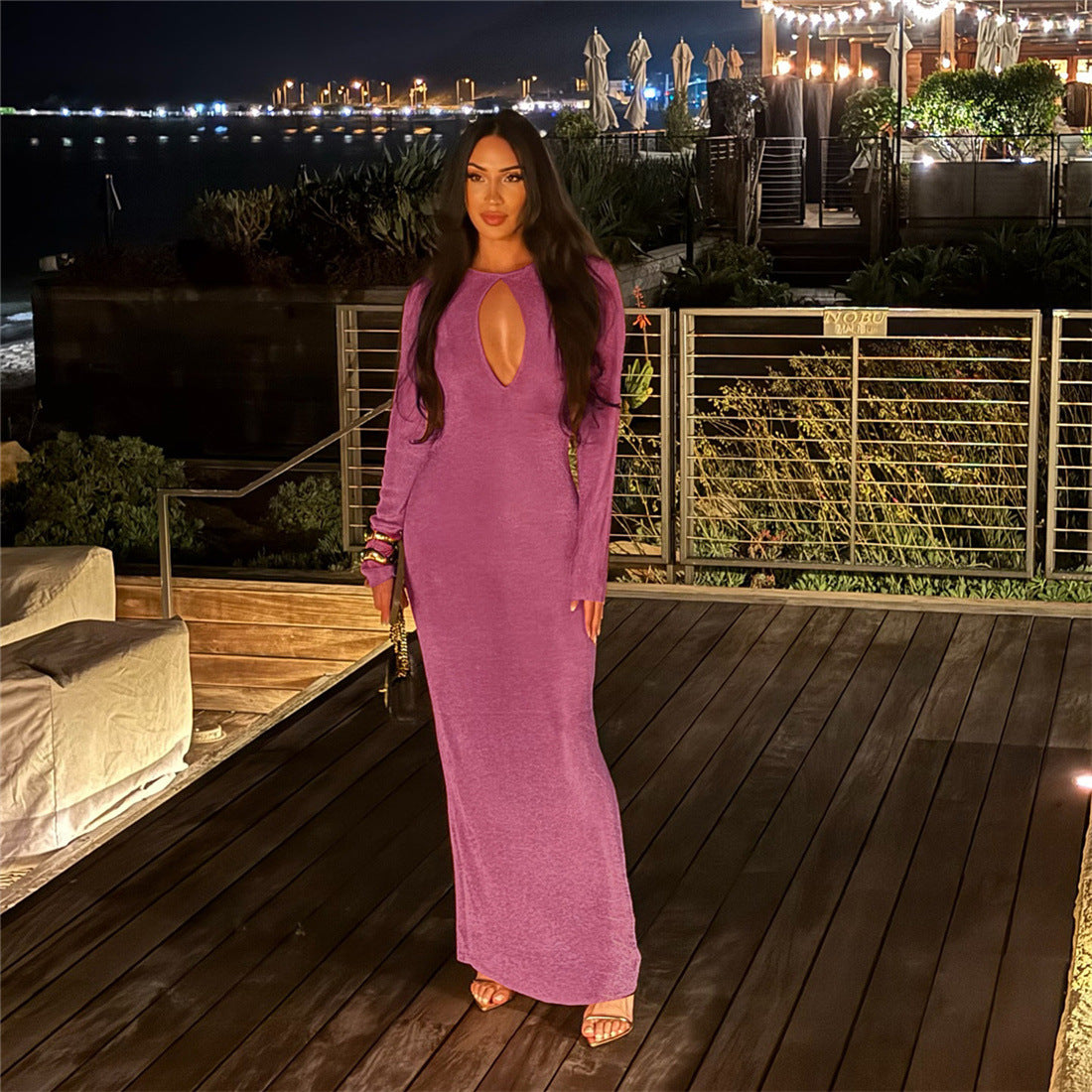 Spring Chic Commuter Gold-Stamped Sexy Hollowed-Out High-Waist Bodycon Sheath Long Dress For Women
