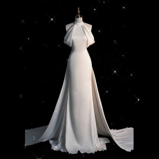 Sleek Satin Halter Wedding Dress with Cape - Minimalist Mermaid Bridal Gown.