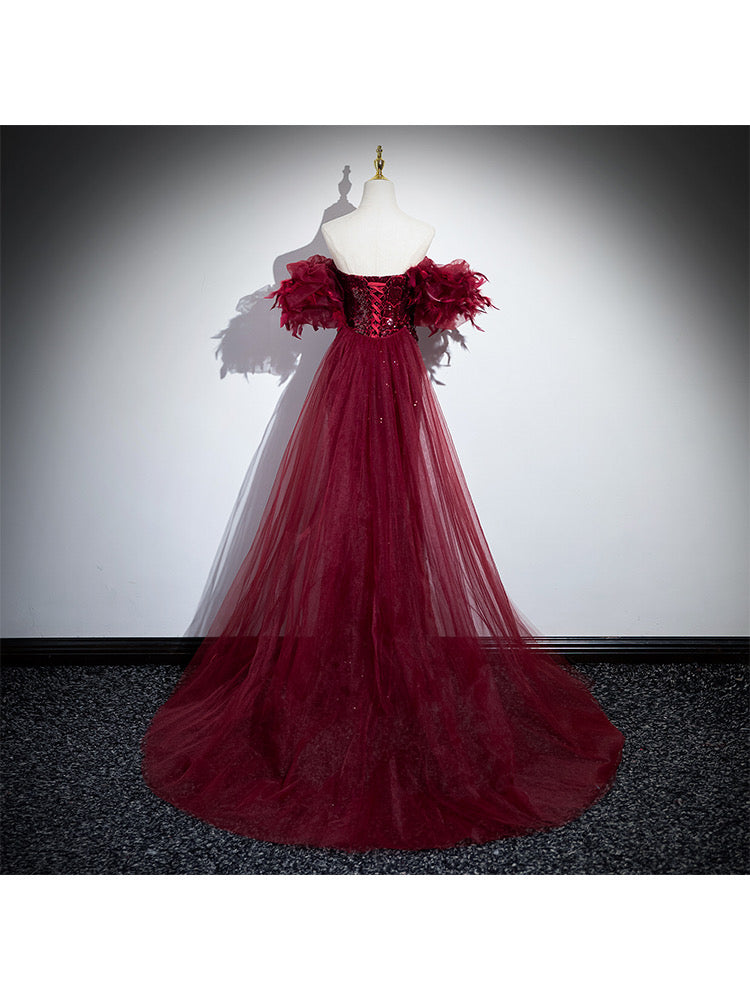 Off-The-Shoulder Sequin Mermaid Dress - Red Formal Evening Gown with Ruffle Sleeves