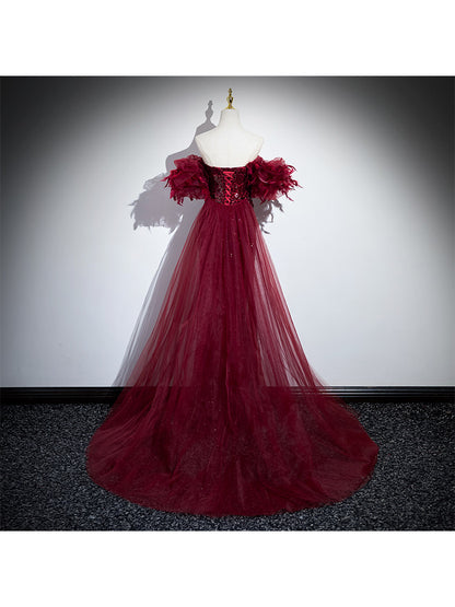 Off-The-Shoulder Sequin Mermaid Dress - Red Formal Evening Gown with Ruffle Sleeves