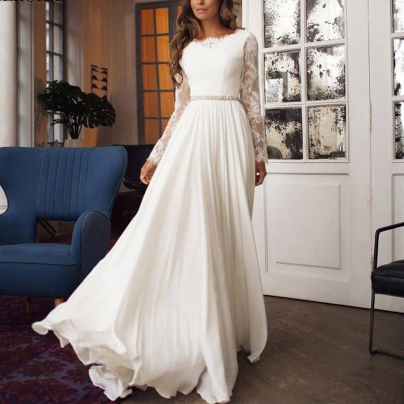 Elegant Lace Long Sleeve Chiffon Wedding Dress – Graceful A-Line Bridal Gown.
