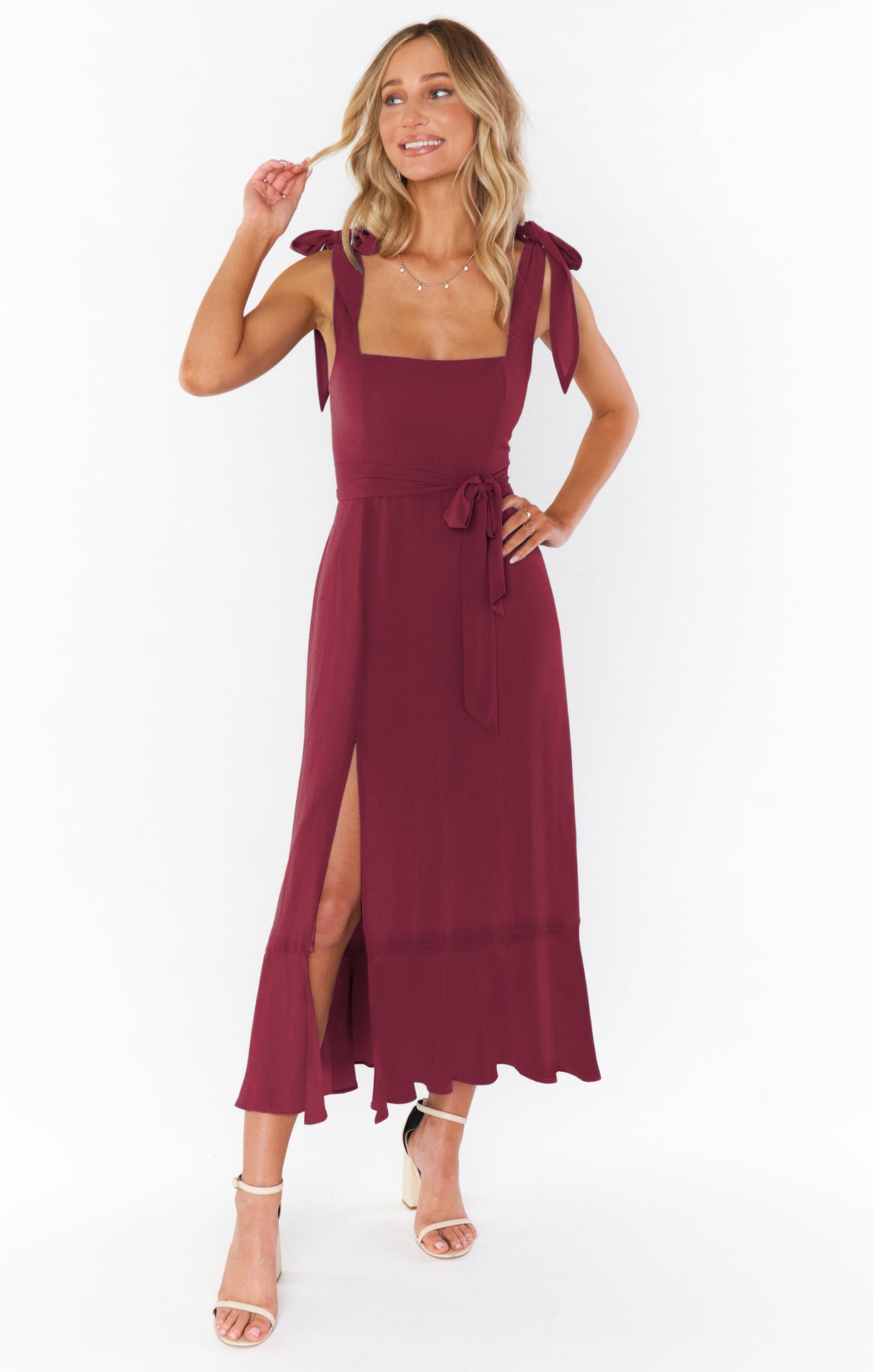 Women's Summer Elegant Square Neck Ruffle Split Midi Formal Dress