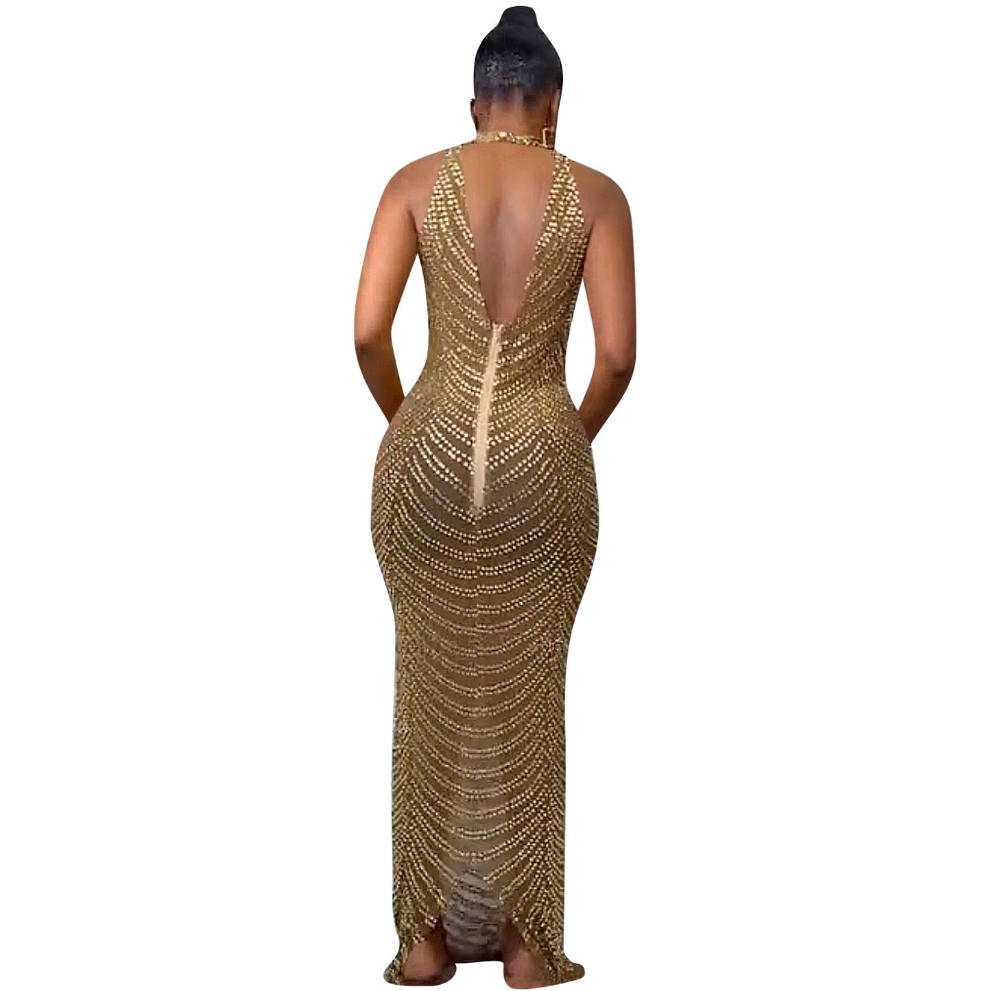 Fashionable Backless Nightclub Party Formal Dress Rhinestone See-through Dress For Women