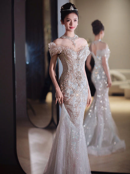 Luxury Glitz Mermaid Wedding Dress with Detachable Cape Train.