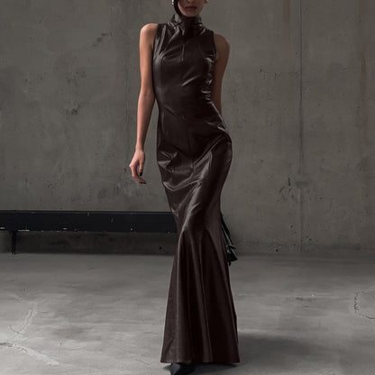 Stylish High-waisted Maxi Dress With Stand-up Collar