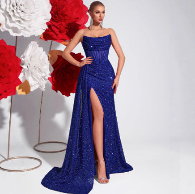 Womens Off-the-Shoulder Hollowed-Out Fishbone Pleated Dress