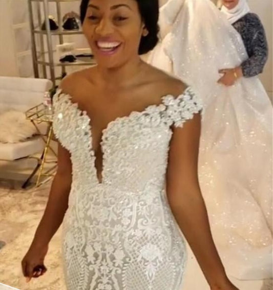 High-Neck Long Sleeve Mermaid Wedding Dress - Tiered Ruffle Bridal Gown.