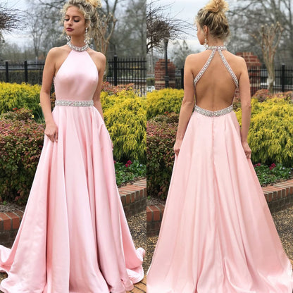 Pink Sleeveless Halter Diamond Beautiful Backless Formal Dress