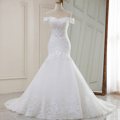 Off-the-Shoulder Lace Mermaid Wedding Dress with Long Train.