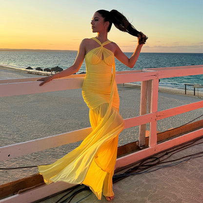 Pure Color Halter Mesh Stitching Dress Slit Dress
