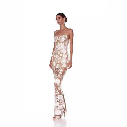 Three-dimensional Flower Tube Top Dress Banquet Dress