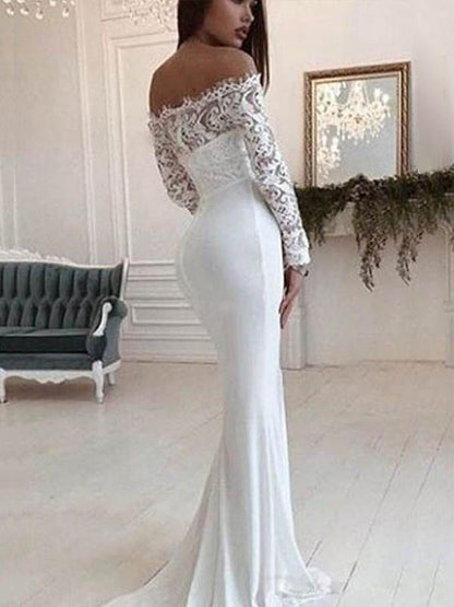 Deep V-Neck Chiffon A-Line Wedding Dress with Long Lace Sleeves.