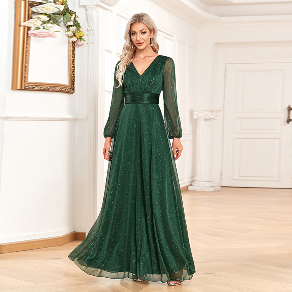 Shimmering Long Sleeve A – Line Gown – V – Neck Glitter Prom Dress with Bishop Sleeves, Emerald Green luxury bridal gown by Bridal Boutique