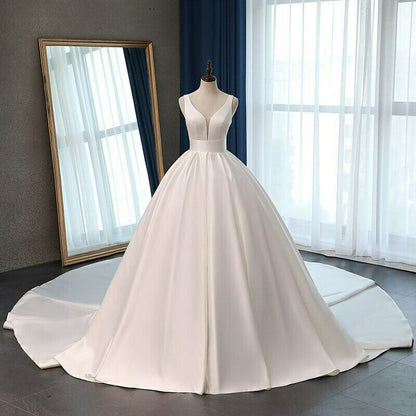 Classic Satin Ball Gown Wedding Dress with Plunging V-Neckline.