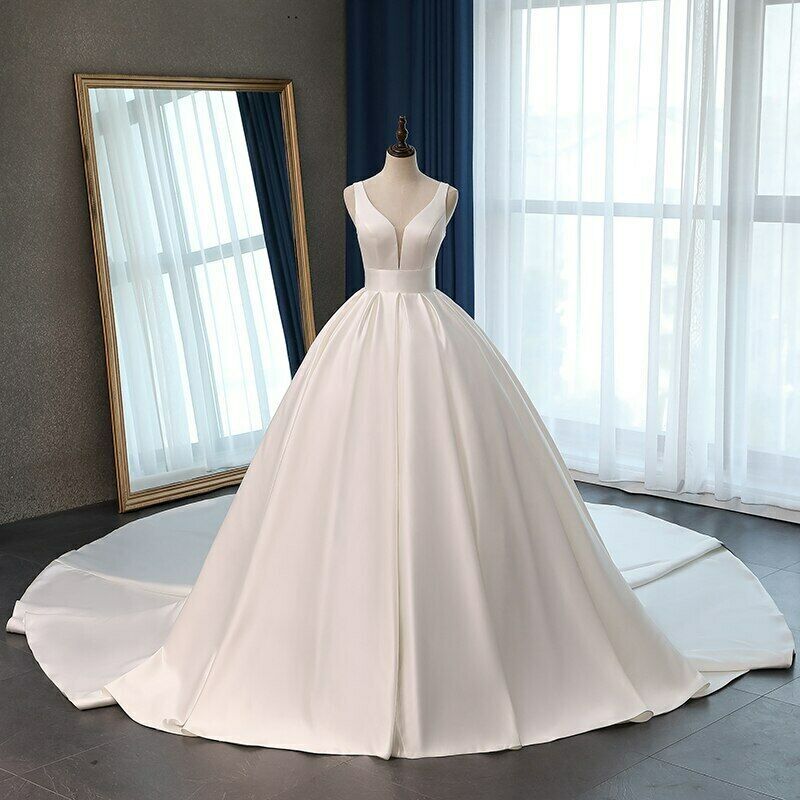 Classic Satin Ball Gown Wedding Dress with Plunging V-Neckline.