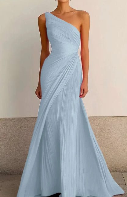 One-shoulder pleated long dress, flowing tight dress