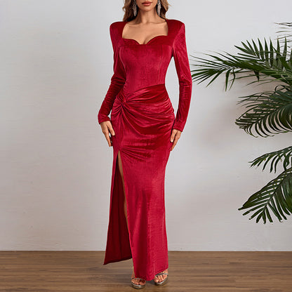 Socialite Style Elegant Long Sleeve Velvet Slit Formal Semi Formal Dress