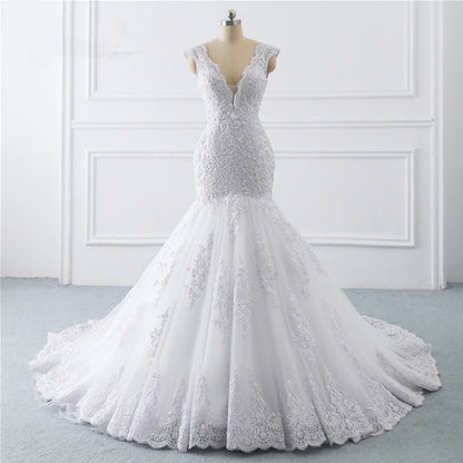 French Lace Mermaid Wedding Dress with Deep V-Neck and Long Train.