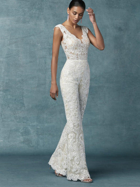 2-in-1 Lace Bridal Jumpsuit with Detachable Tulle Train | Wedding Pantsuit.