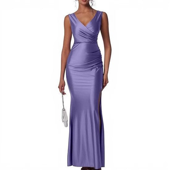 Elegant Solid-color Satin Dress With A Slit
