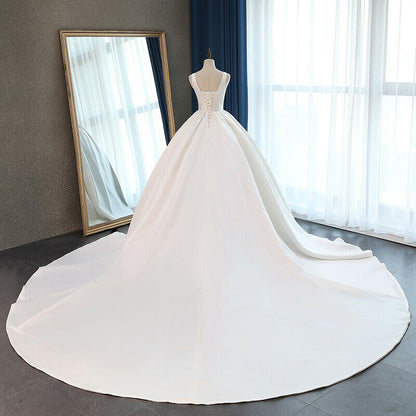 Classic Satin Ball Gown Wedding Dress with Plunging V-Neckline.