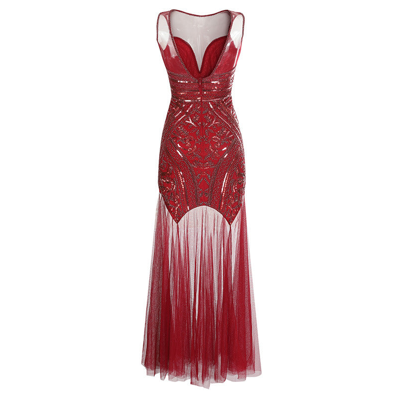 Vintage  Bridesmaid Beaded Mesh Sequin Evening Dress