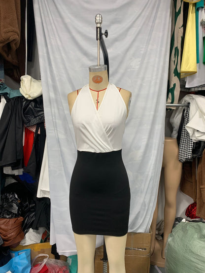 New Black-and-white Patchwork French-style Sophisticated Backless Dress