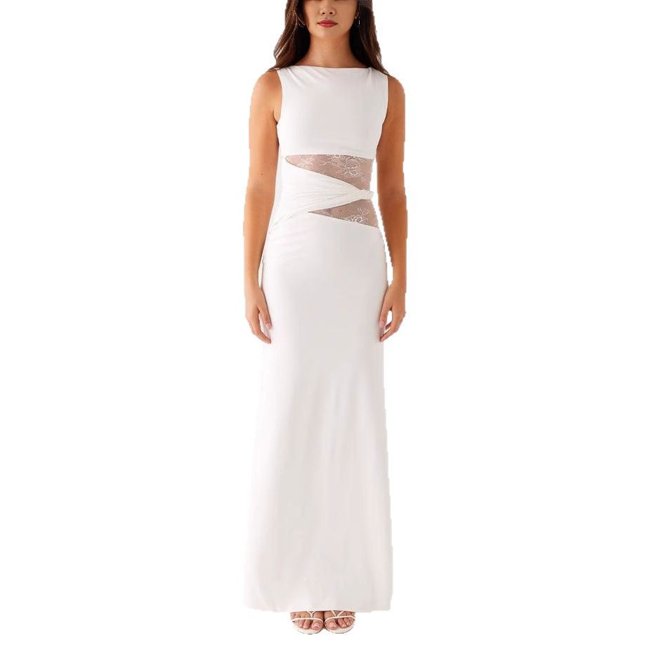 Womens Slim-Fit Lace-Patch Draping Dress