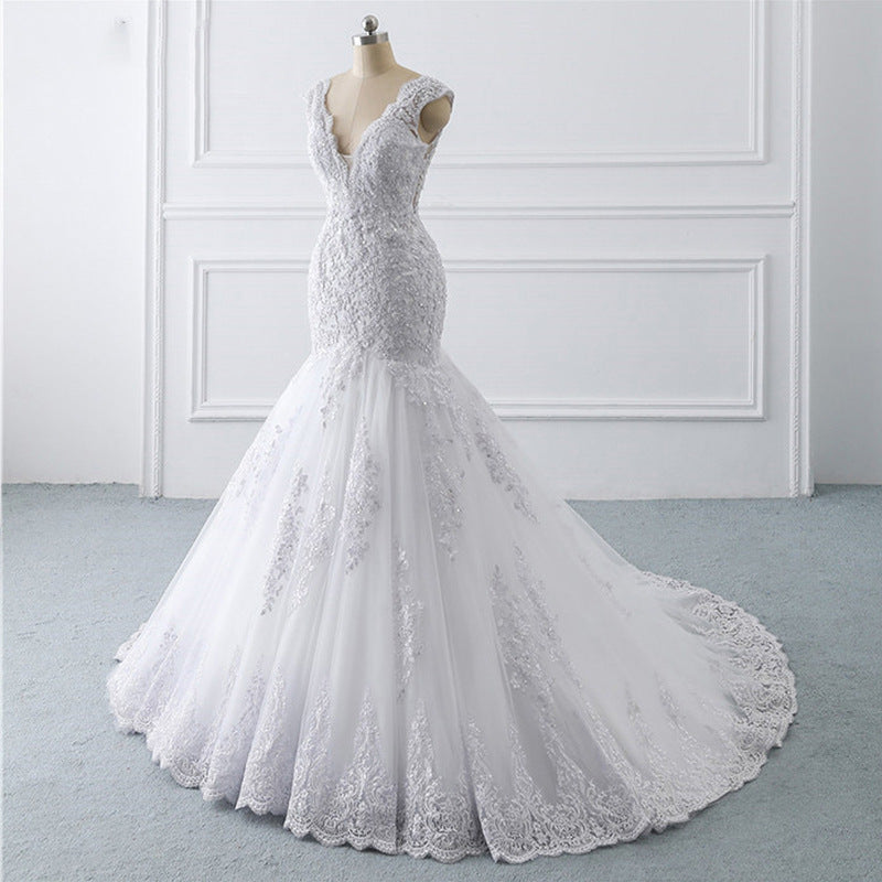 French Lace Mermaid Wedding Dress with Deep V-Neck and Long Train.