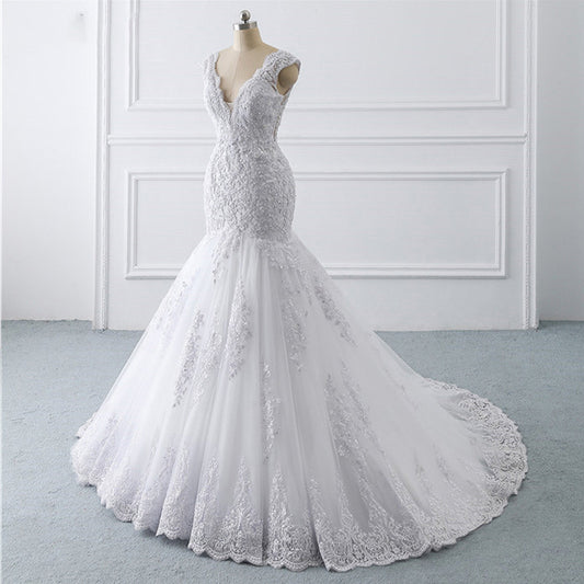 French Lace Mermaid Wedding Dress with Deep V-Neck and Long Train.