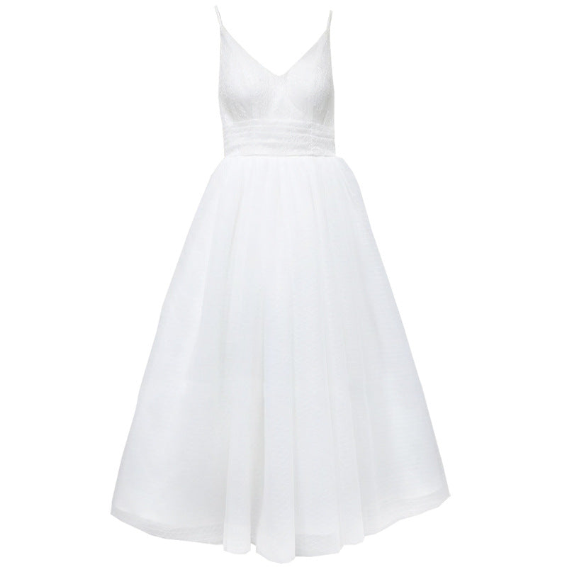 White A-Line Tulle Wedding Dress - Lace V-Neck Mid-Length Bridal Gown