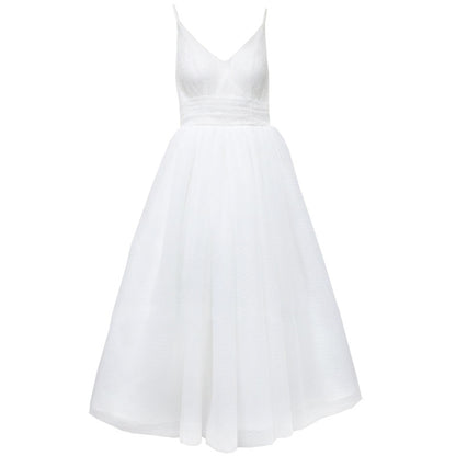 White A-Line Tulle Wedding Dress - Lace V-Neck Mid-Length Bridal Gown