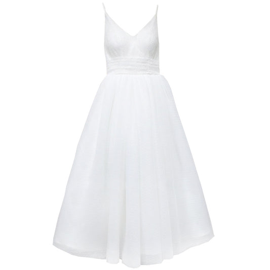 White A-Line Tulle Wedding Dress - Lace V-Neck Mid-Length Bridal Gown