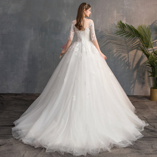 Off – The – Shoulder Lace Ball Gown Wedding Dress – 3D Floral Bridal Gown with Train. luxury bridal gown by Bridal Boutique