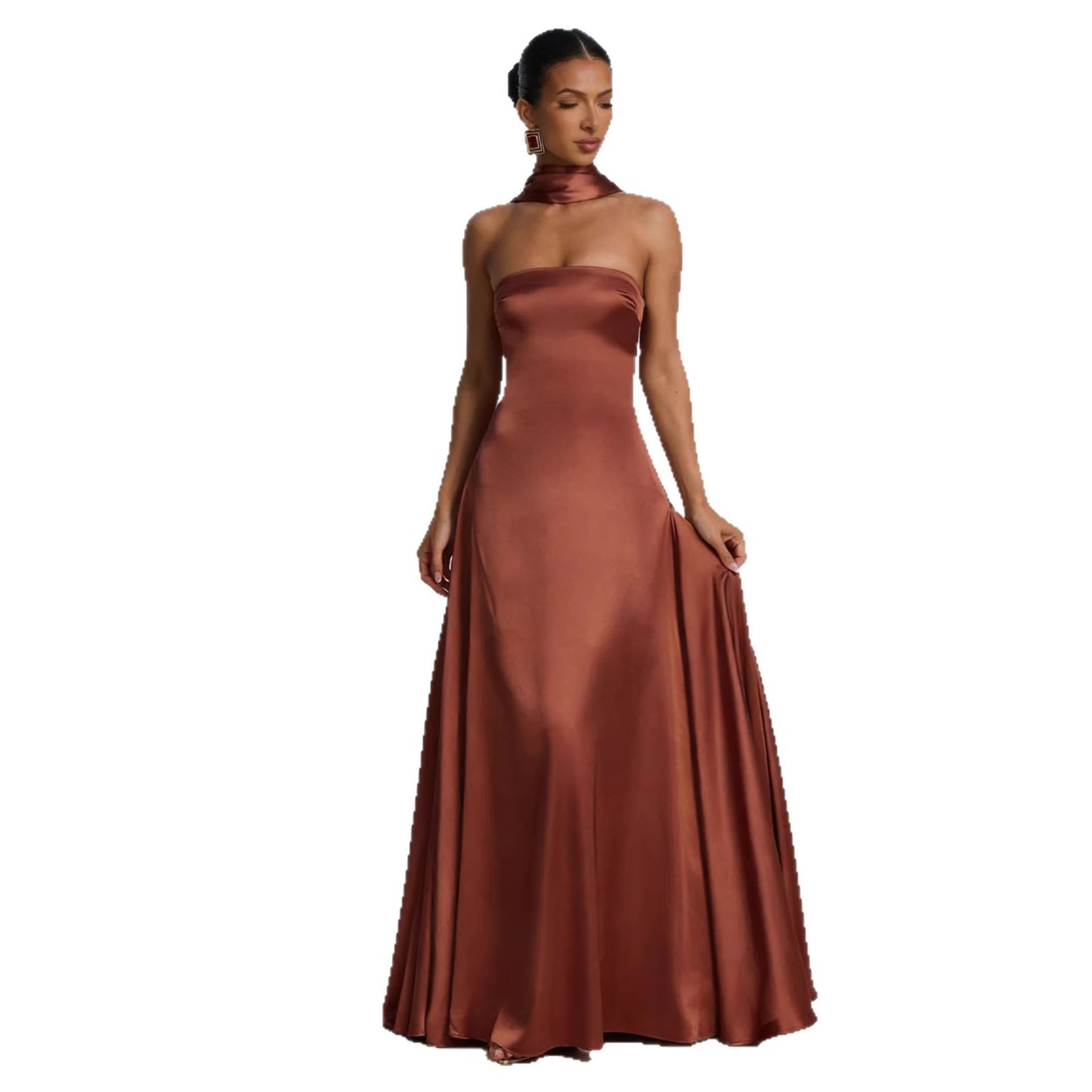 Strapless Satin Evening Gown with Matching Neck Scarf - Backless Maxi Dress