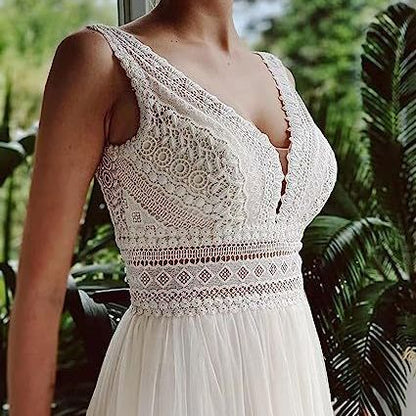 Ivory A-Line Chiffon Wedding Dress with V-Neck and Long Sleeves.