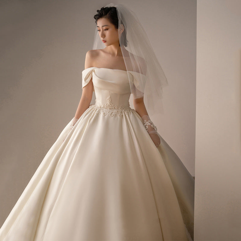 Vintage Satin Off-Shoulder Ball Gown Wedding Dress - Retro A-Line Bridal Gown.