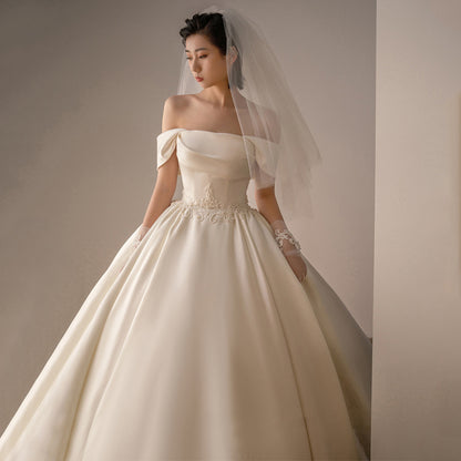 Vintage Satin Off-Shoulder Ball Gown Wedding Dress - Retro A-Line Bridal Gown.
