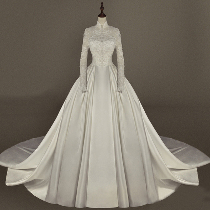 Women's Simple Mori Style Wedding Dress Long Sleeve Lace