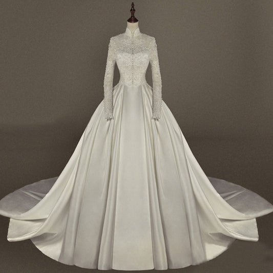 Women's Simple Mori Style Wedding Dress Long Sleeve Lace