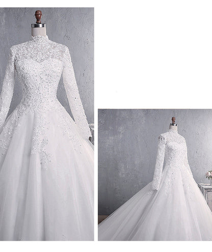 Luxury Lace Ball Gown Wedding Dress - High Neck Long Sleeve Bridal Gown.