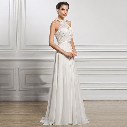 High-Neck Lace Bodice Maxi Dress - White A-Line Formal Evening Gown