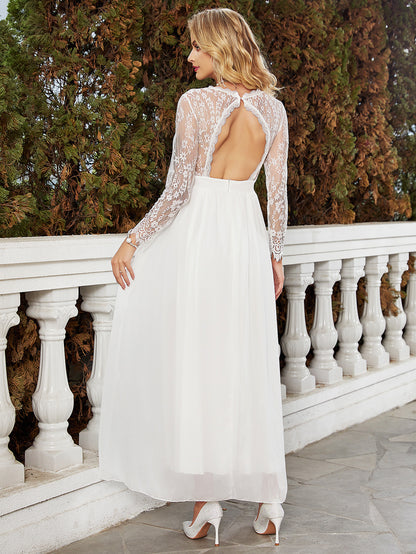 Modern Satin Mermaid Wedding Dress with Sheer Illusion Bishop Sleeves.