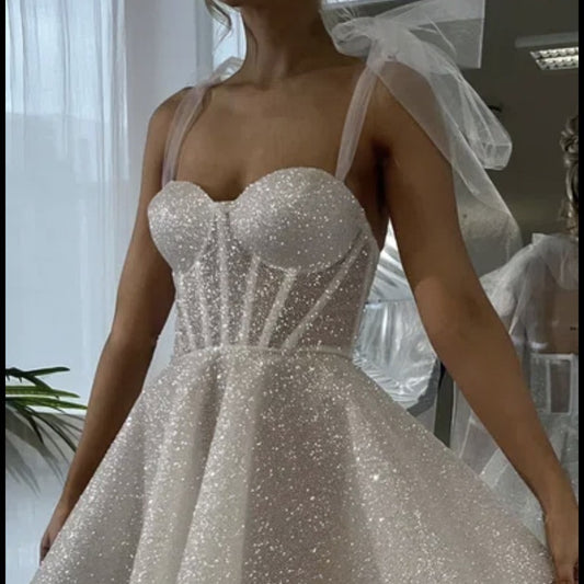 Sparkly Silver Glitter Bridal Mini Dress - Chic Corset Reception Wedding Gown.