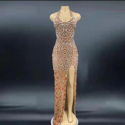 Glitter Rhinestone Formal Crystal Backless Elegant Statement Dress
