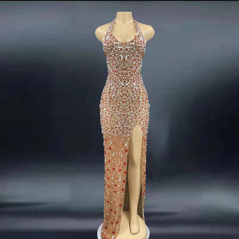 Glitter Rhinestone Formal Crystal Backless Elegant Statement Dress