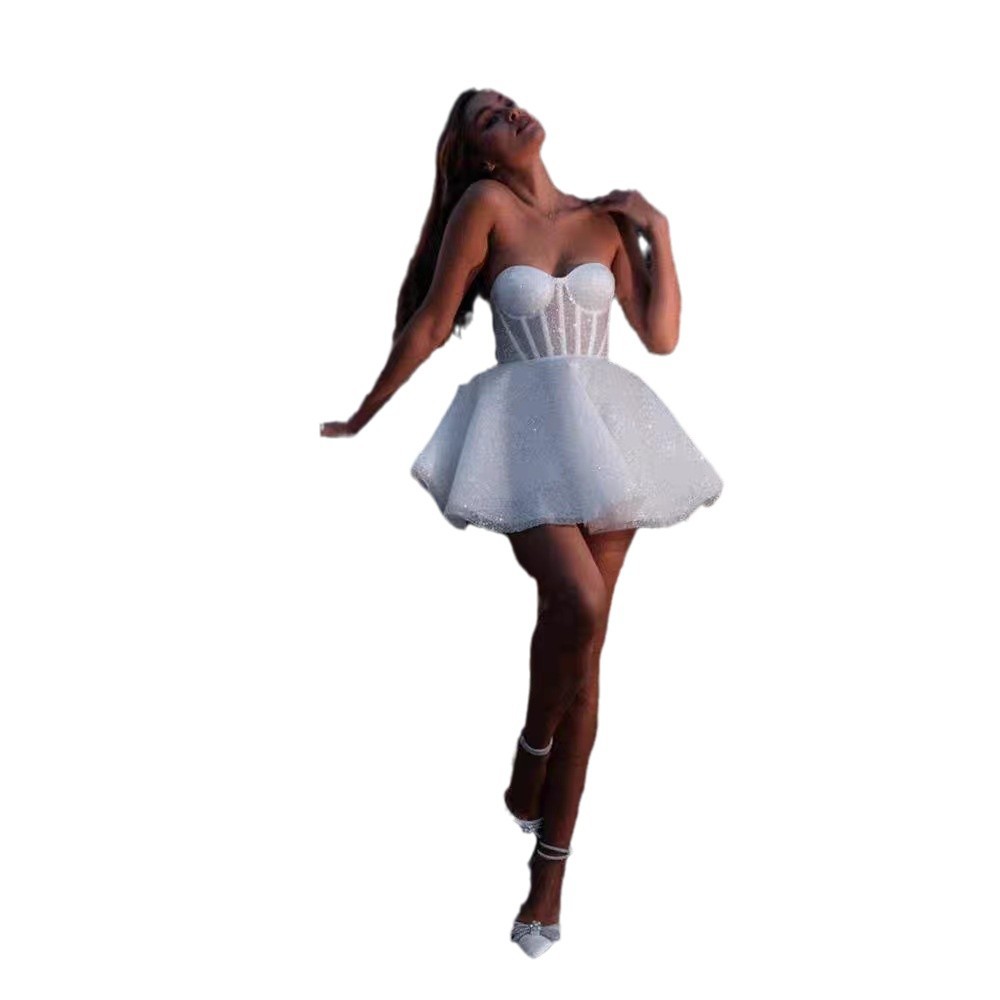 Sleeveless Sexy Tube Top Shiny Short Wedding Dress A- Line Skirt