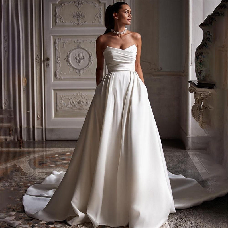 Minimalist Strapless Satin A-Line Wedding Dress with Train.