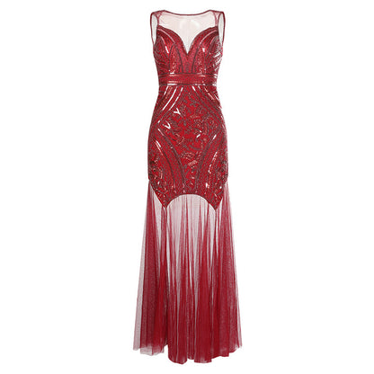 Vintage  Bridesmaid Beaded Mesh Sequin Evening Dress