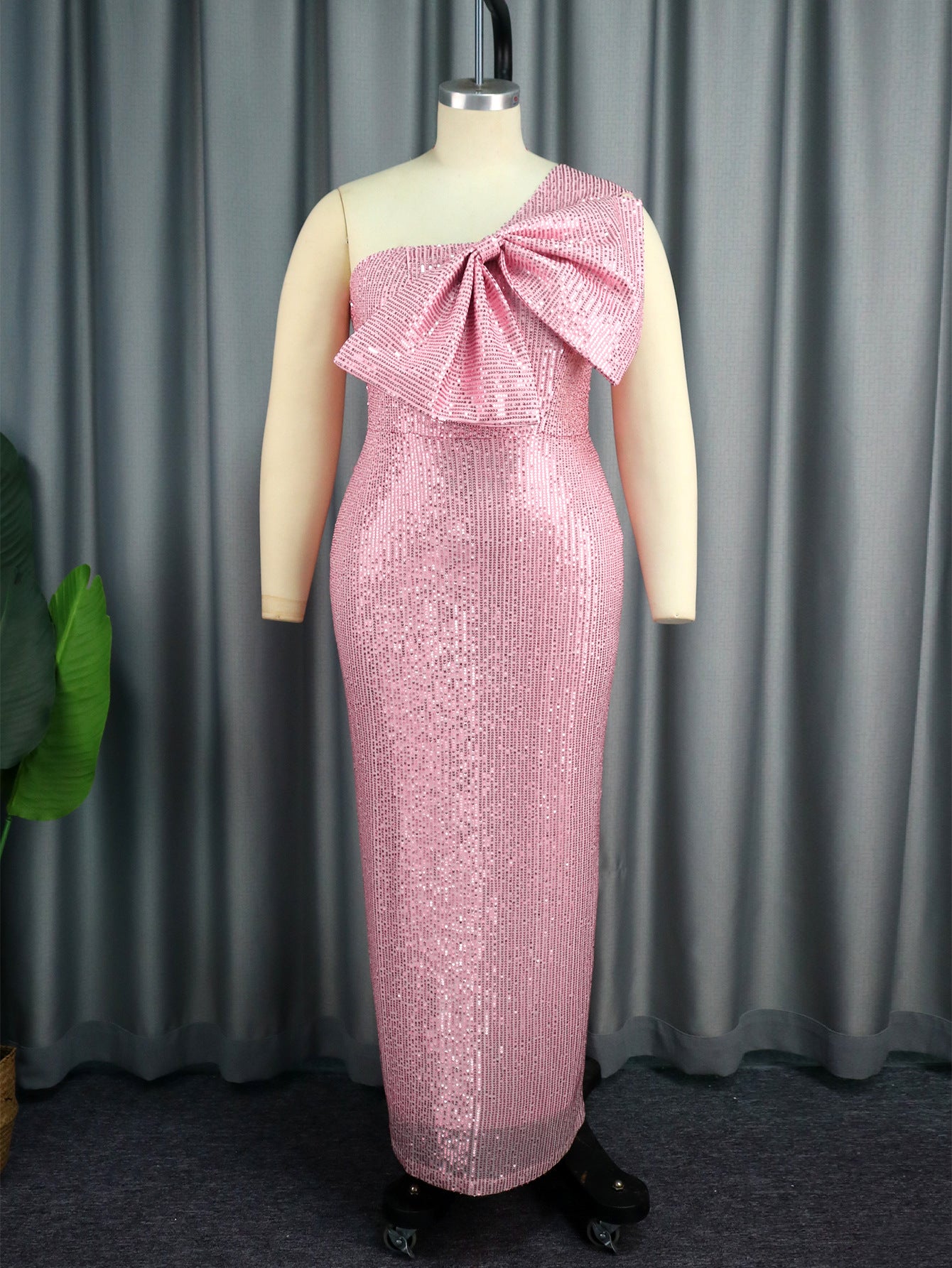 One Shoulder Diagonal Collar Sequins Formal Party Dress